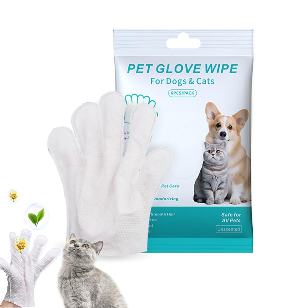 Pet Wipes Gloves, 6Pcs Pet Cleaning Gloves Disposable Dry Cleaning Tool, Cats and Dogs Grooming Wipes Gloves Skin Friendly for Wipe Claws, Ear, Feet, Butt
