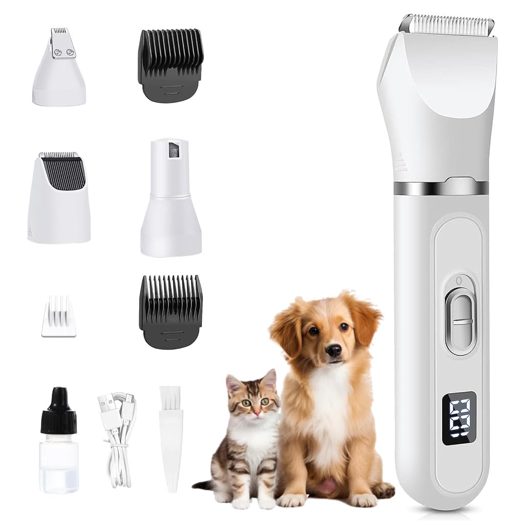 Qpets Pet Grooming Kit for Cats and Dogs with 4 Pcs Stainless Steel Tools featuring Spring Loaded Nail Clippers and Ergonomic Handles