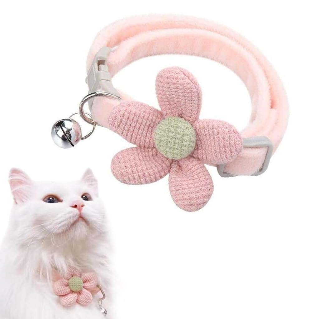 Qpets Cat Collar with Crochet Flower and Bell featuring Quick Release Adjustable Plush Design
