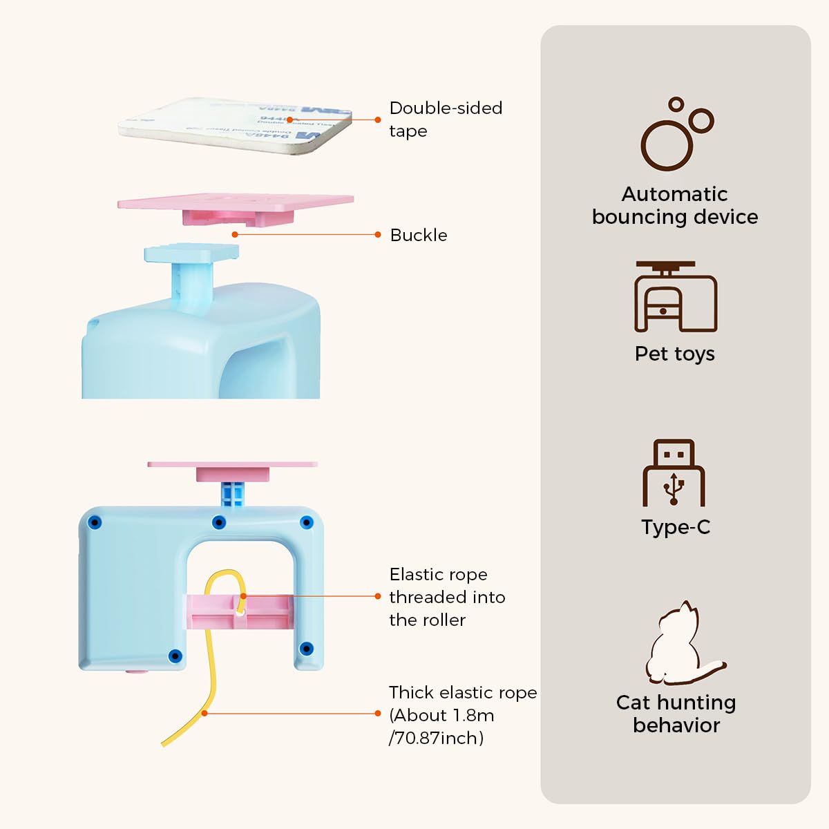 Qpets Cat Toy for Interactive Play with 1.8 Meter Elastic Rope & USB Rechargeable 300 mAh Battery | Detachable Door Hanging Feather Teaser