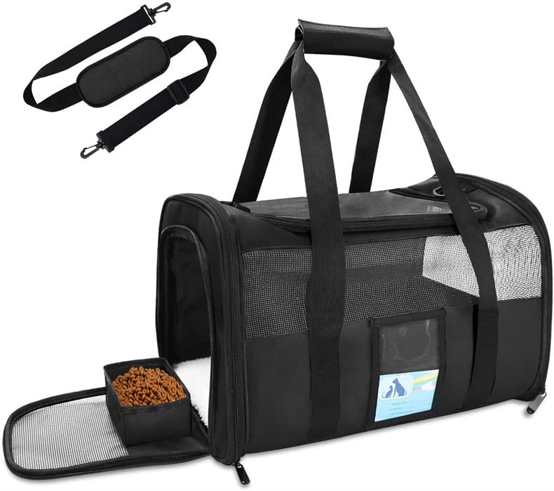 Qpets® Pet Carrier Transport Bag with Waterproof Food Pouch, Travel Carrying Case with Handle & Shoulder Strap, Breathable Mesh Carrying Case for Cat or Small Dogs, 50x23x31cm