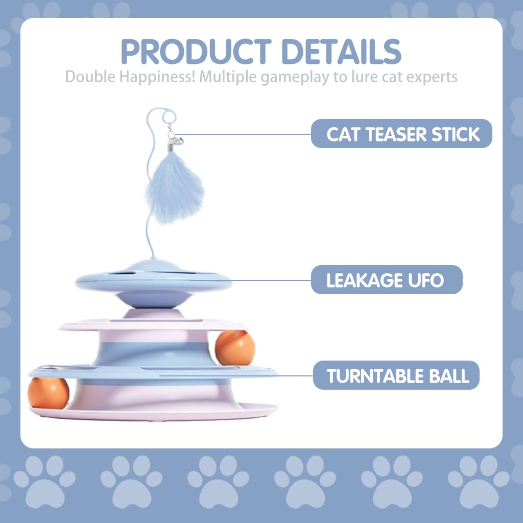 Cat Turntable Toy, 3 in 1 Cat Interactive Toys-Cat Teaser Stick, Double Track Turntable Ball, Detachable Snack Dispenser, PP Material Cat Amusement Plate Puzzle Pet Cat Toy