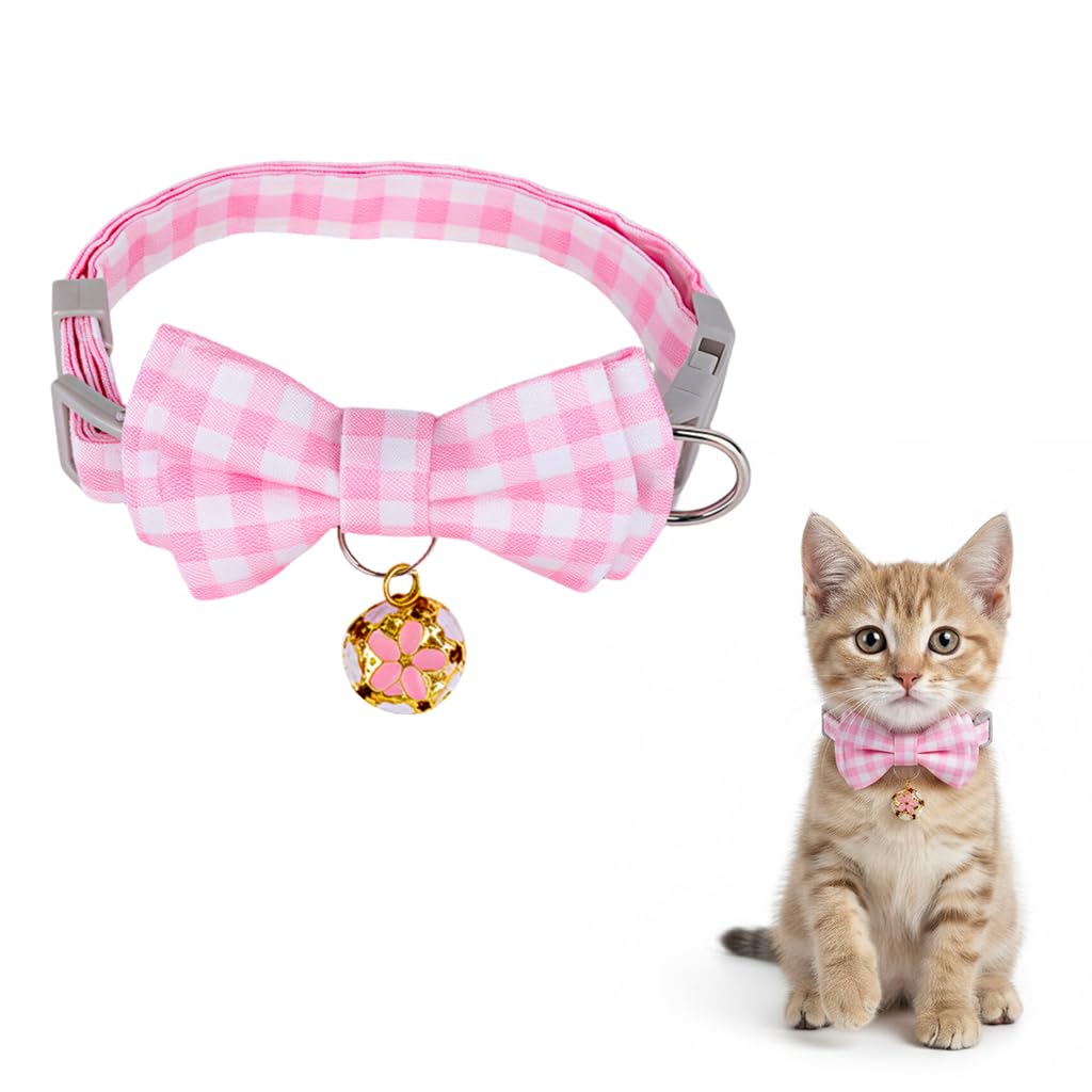 Qpets® Cat Collar with Bell, Adjustable 23-33 cm Kitten Collar for Small Cats & Pets - Soft Cotton Plaid Bow Design, Quick Release Safety Buckle, Lightweight & Breakaway Necklace Accessory (Pink)