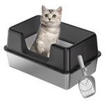 Qpets Stainless Steel Cat Litter Box for Large Cats 50x28x35cm with Elevated Anti‑Splash Guard | Easy to Clean