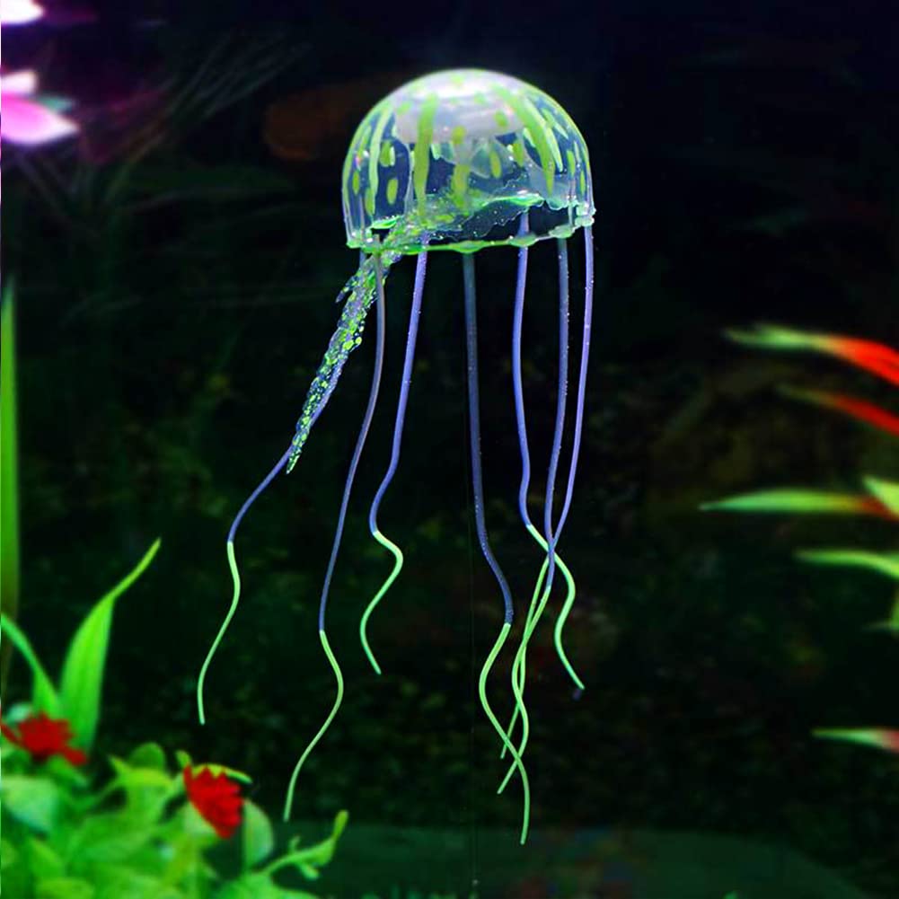 Qpets Aquarium Decor Combo with 3 Fluorescent Silicone Jellyfish and 2 Diver Ornaments | Floating Fish Tank Decorations