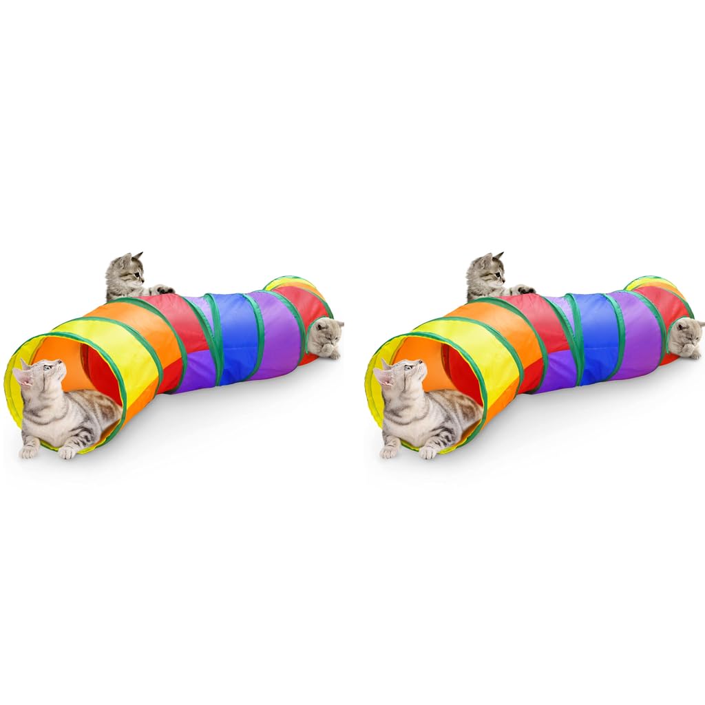 Qpets Cat Toys Tunnel for Indoor and Outdoor Play featuring 2 Way Collapsible Tubes | Rainbow Color