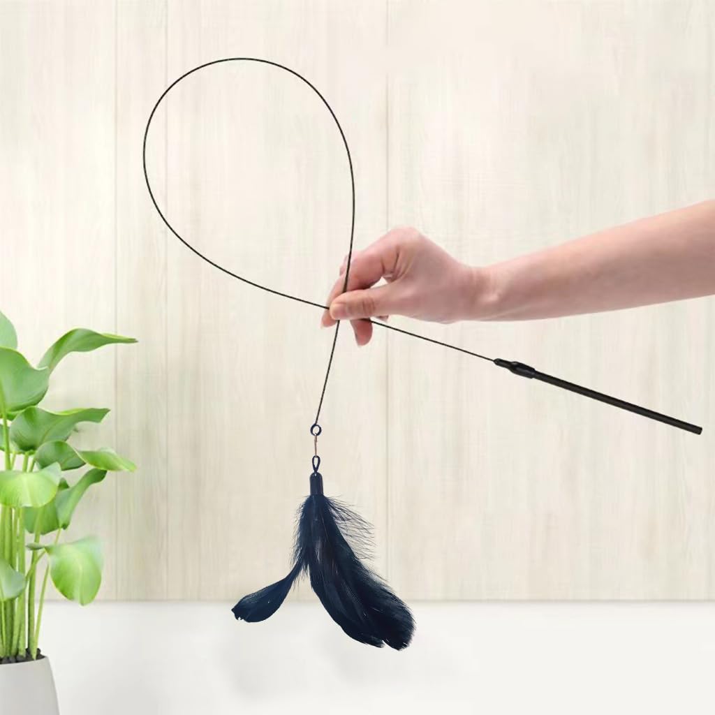 Qpets Cat Teaser Wand with Suction Cup Base featuring Fiberglass Rod and Feather Toy for Indoor Cats