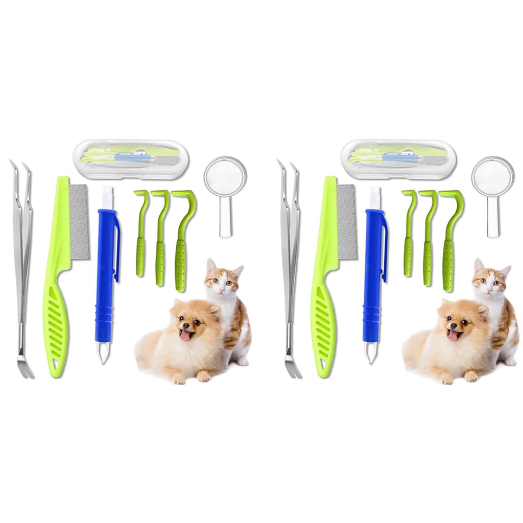 Qpets Dog Tick Flea Remover Kit with 14 Pieces Including Hooks Tweezers Comb and Case