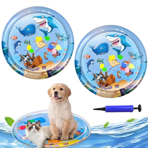 Qpets® Cat Water Bed Mat, Summer Cooling Pet Bed with Air Pump, Anti-Scratch Thicken PVC, Built-in Fish Ornaments for Interactive Toy Play for Indoor/Outdoor (2 Pack)
