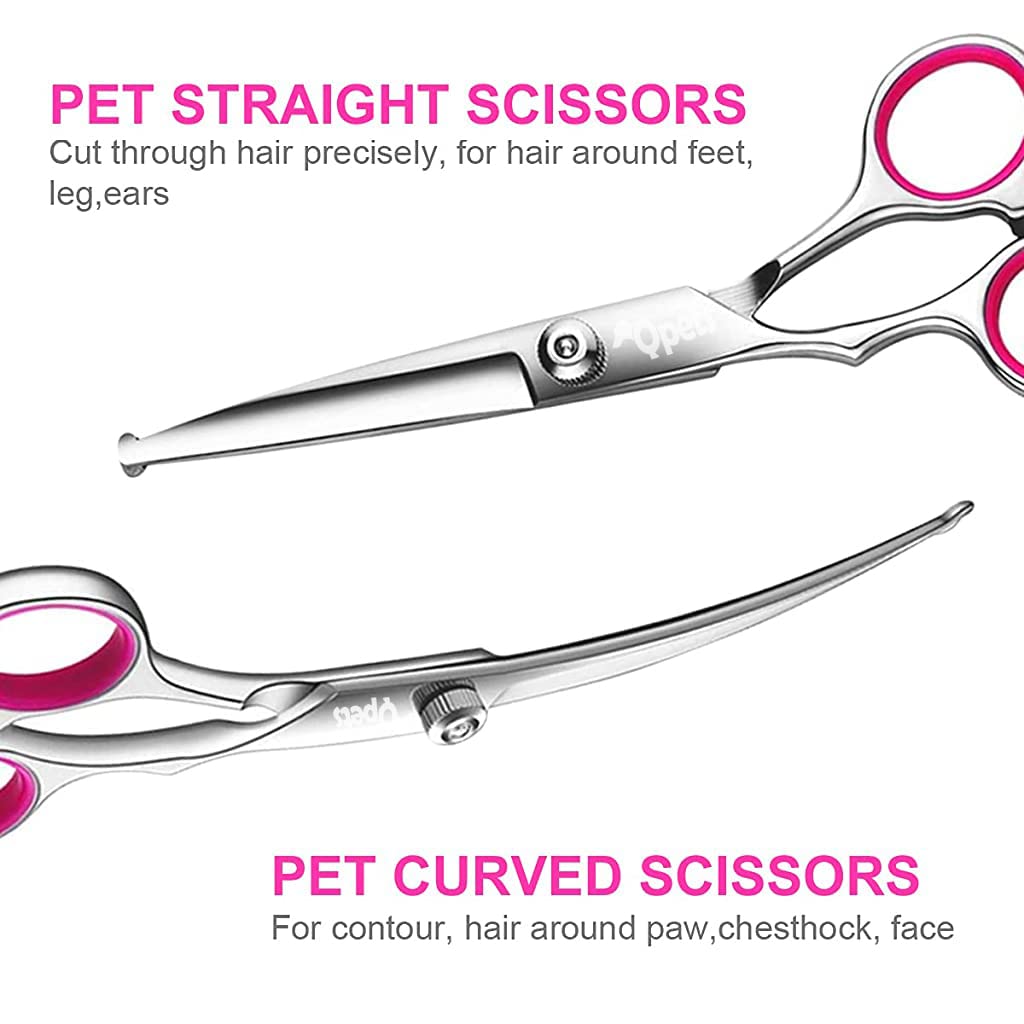 Qpets Dog Grooming Scissors Kit with 6.5 in Shears and Adjustable Screw | Stainless Steel Round Tip Safety Set for Pet Hair Cutting