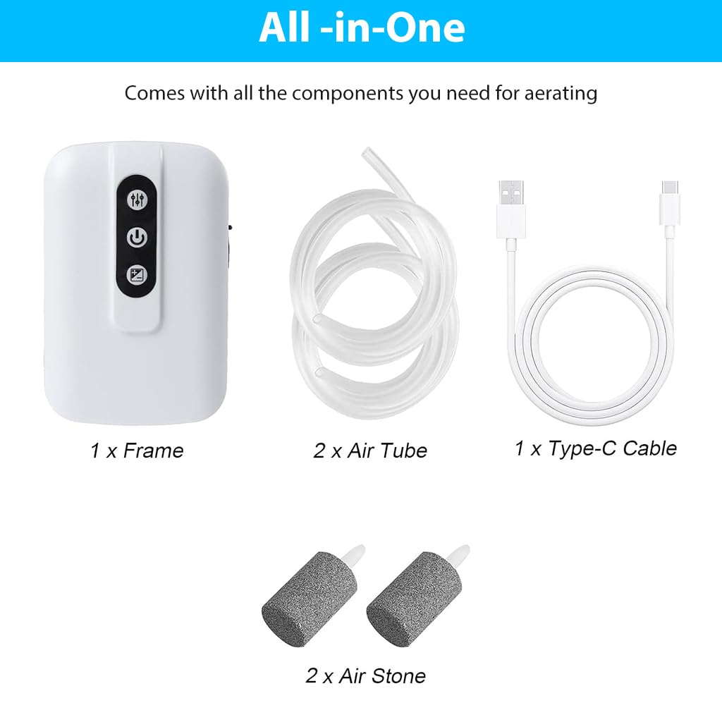 Qpets® Portable Oxygen Pump Cordless Aquarium Air Pump Continuous/Intermittent Fishing Air Pump Dual Pipe Aquarium Air Pump Air Stone and Pipe Included USB Rechargeable Aquarium Air Pump