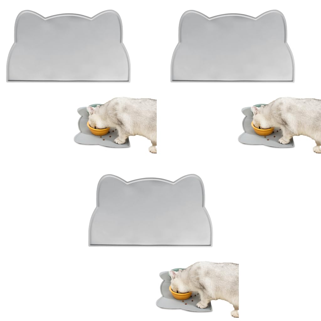 Qpets Pet Feeding Mat for Dogs and Cats with Raised Edge Tray 44x24cm 3 pcs Silicone Grey