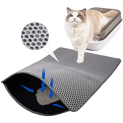 Qpets® Cat Litter Mat Double-Layer Honeycomb Design, Open Edge, EVA Foam, Soft on Paws, Includes Metal Litter Scoop, Fits 3-10MM Clumping Clay Litter, Easy Clean Mat for Hooded & Self-Cleaning Boxes