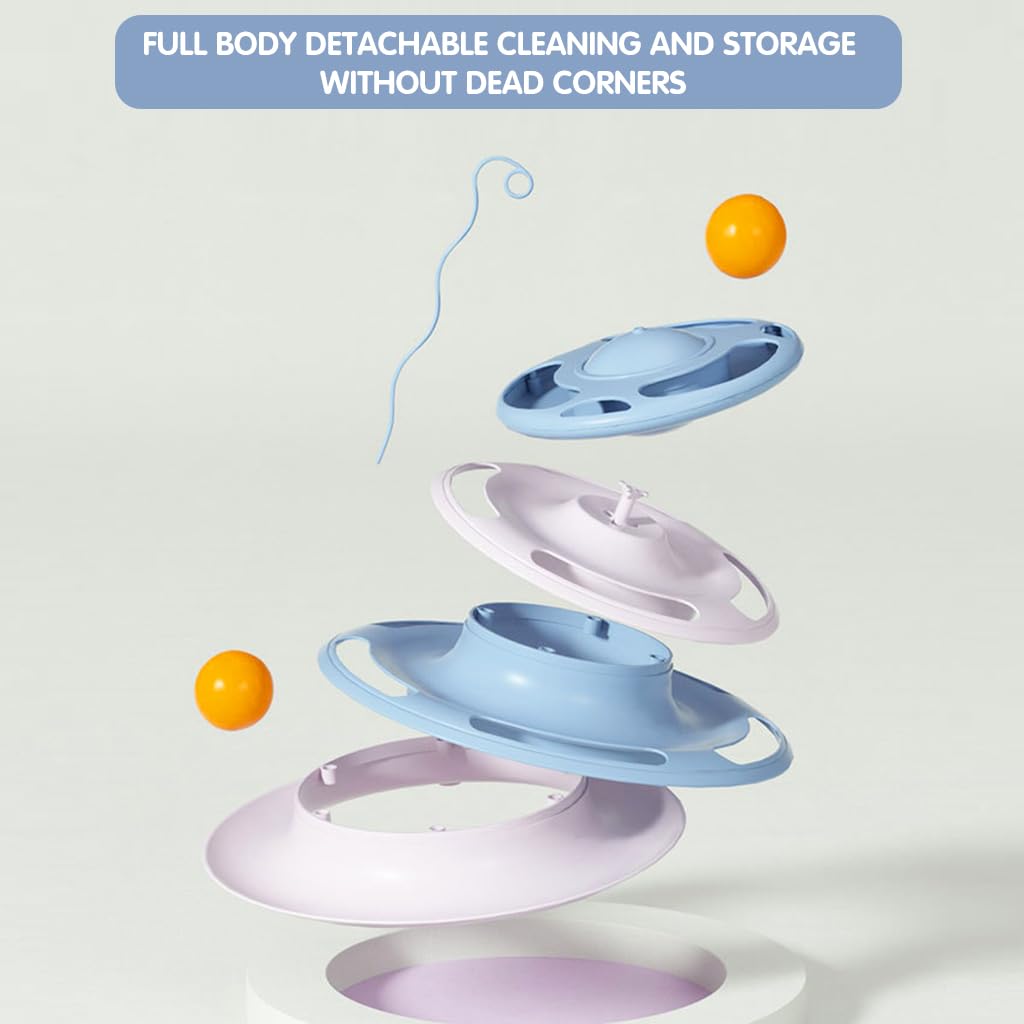 Cat Turntable Toy, 3 in 1 Cat Interactive Toys-Cat Teaser Stick, Double Track Turntable Ball, Detachable Snack Dispenser, PP Material Cat Amusement Plate Puzzle Pet Cat Toy