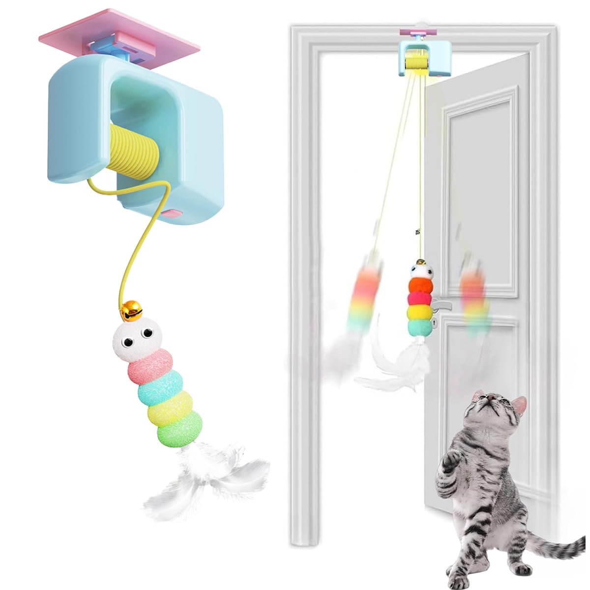Qpets Cat Toy for Interactive Play with 1.8 Meter Elastic Rope & USB Rechargeable 300 mAh Battery | Detachable Door Hanging Feather Teaser