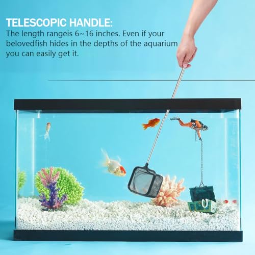 Qpets® Fishing Net 3.1X3.1 Inch Small Aquarium Fish Net for Betta Tank 18 Inch Stainless Steel Retractable Handle Square Catching 2PCS