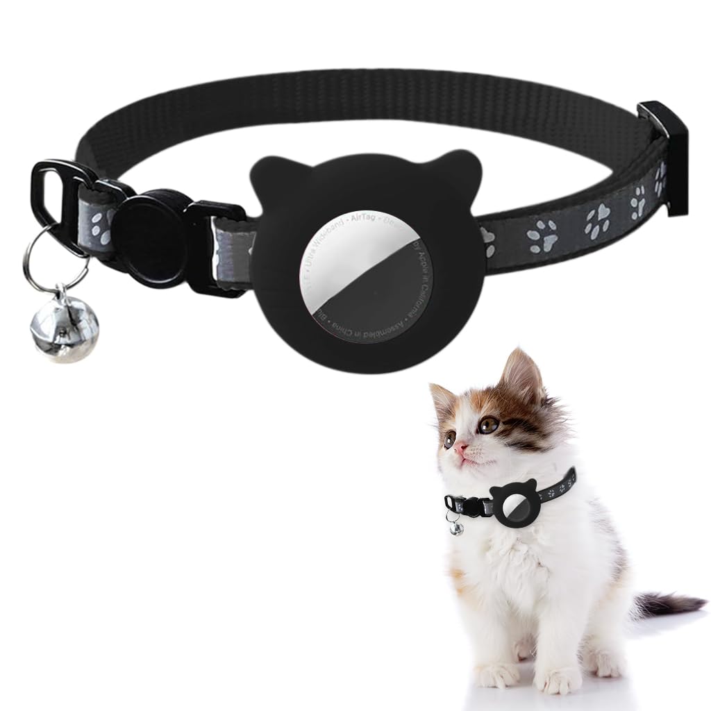 Qpets® Black Cat Collar, Cat Collar with Silicone Airtag Holder Cute Cat Collar with Bell Quick ReleaseAdjustable Cat Collar