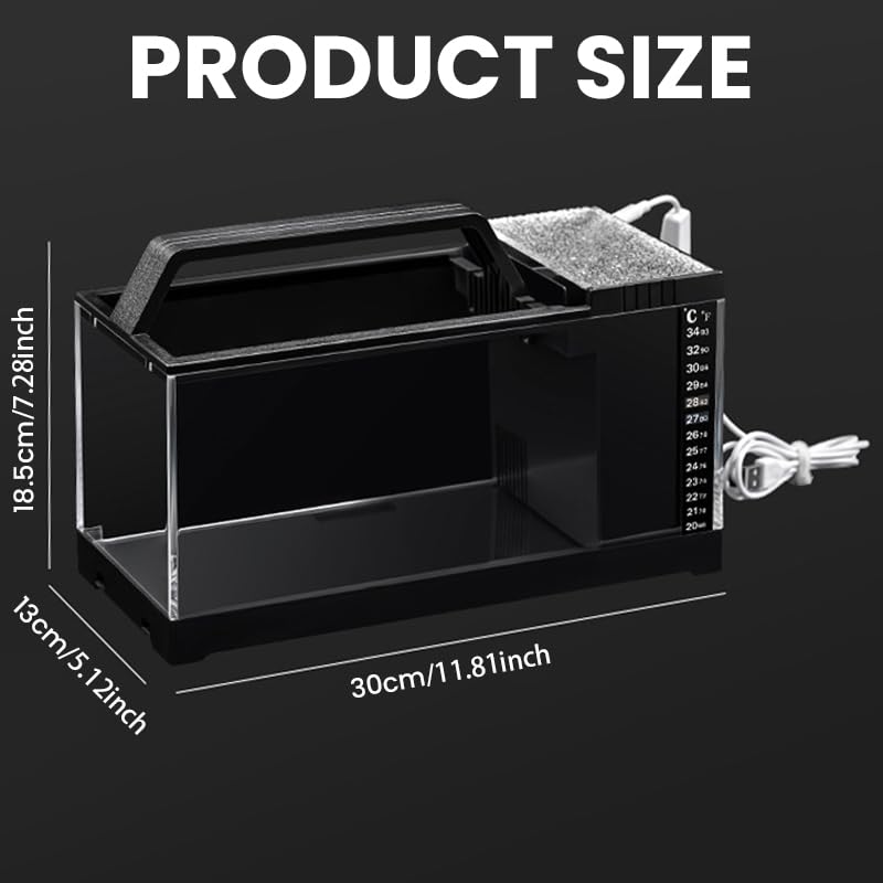 Qpets Small Desk Fish Tank for Home or Office with LED Light Air Pump and Thermometer