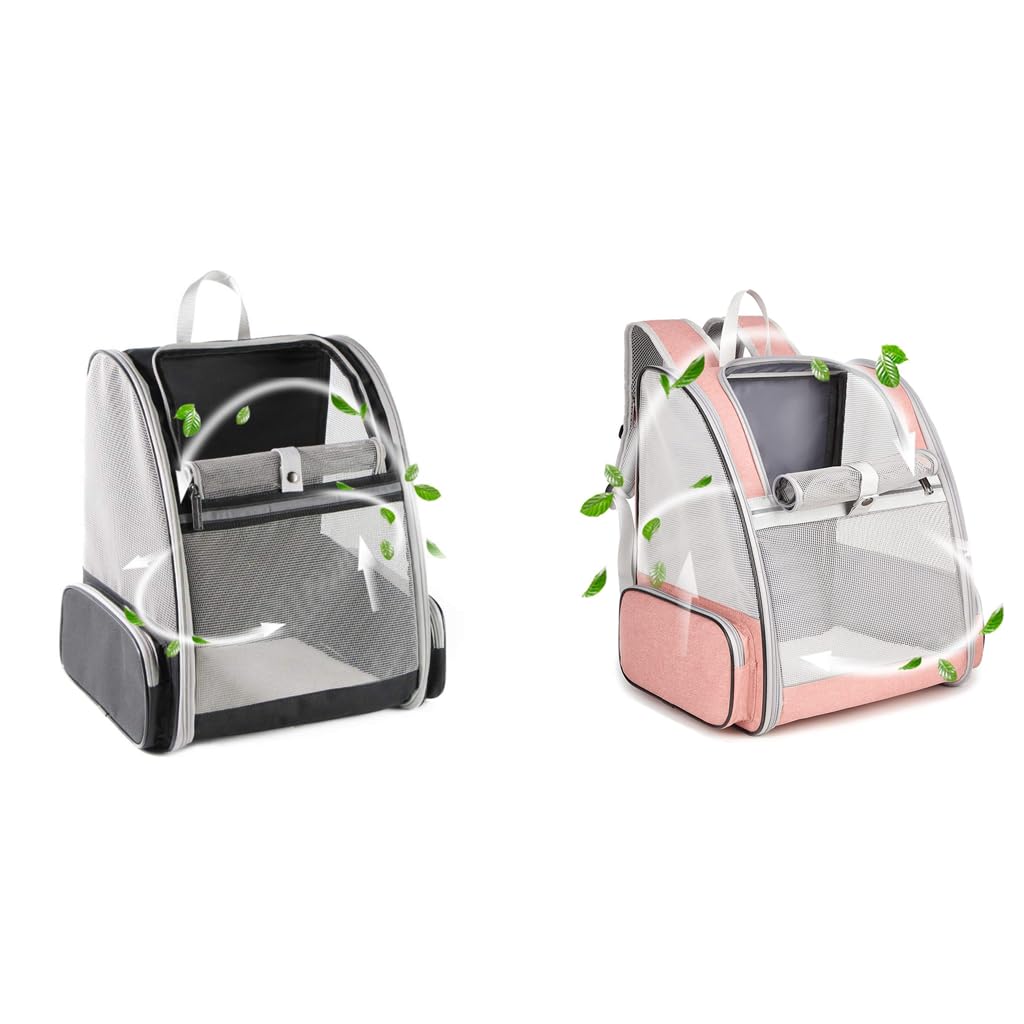 Qpets Cat Bag Carrier Backpack for Travel and Outdoor Use featuring Mesh Ventilation | Grey and Pink