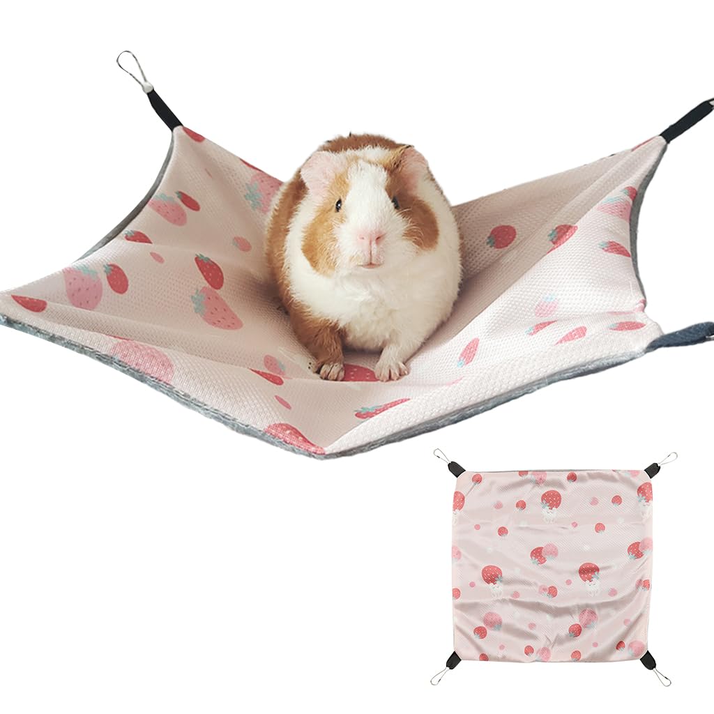 Qpets Cute Strawberry Hammock for Small Pet Cages with 4 Quick Snap Buckles 28x28 cm | Polyester Hanging Bed for Guinea Pigs Ferrets Hamsters and Hedgehogs