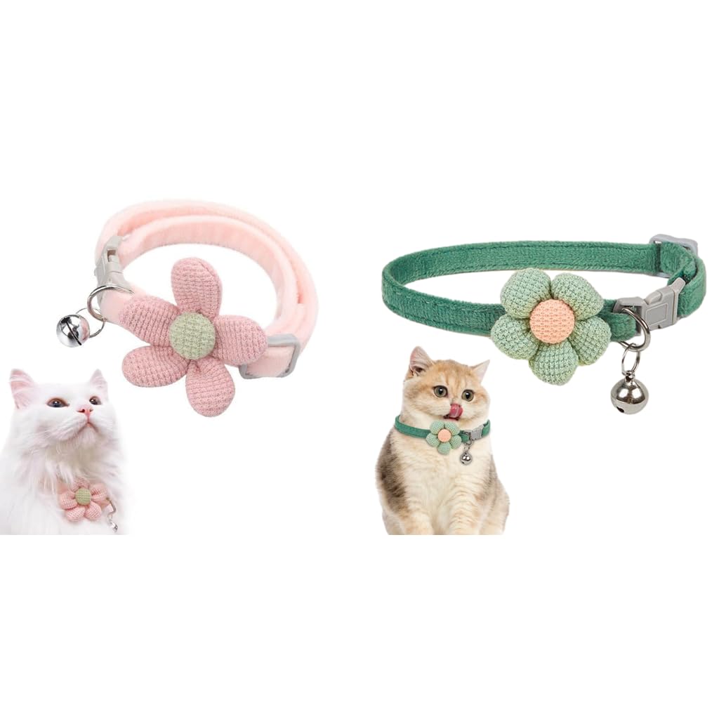 Qpets Cat Collar Set with Handcrafted Crochet Flower and Bell | Pink and Green Plush Adjustable Collars for Cats and Kittens