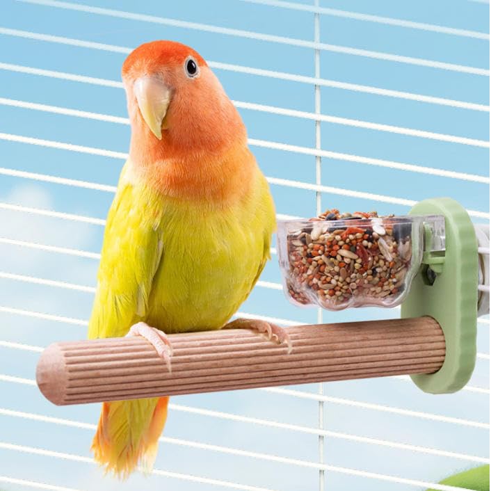 Qpets® Parrot Perch Stick with Feeding Cup, 6.6'' Bird Cage Mounted Standing Rod, Anti-Slip Grooved Wooden Perch with Clamp for Parrots, Parakeets & Other Pet Birds