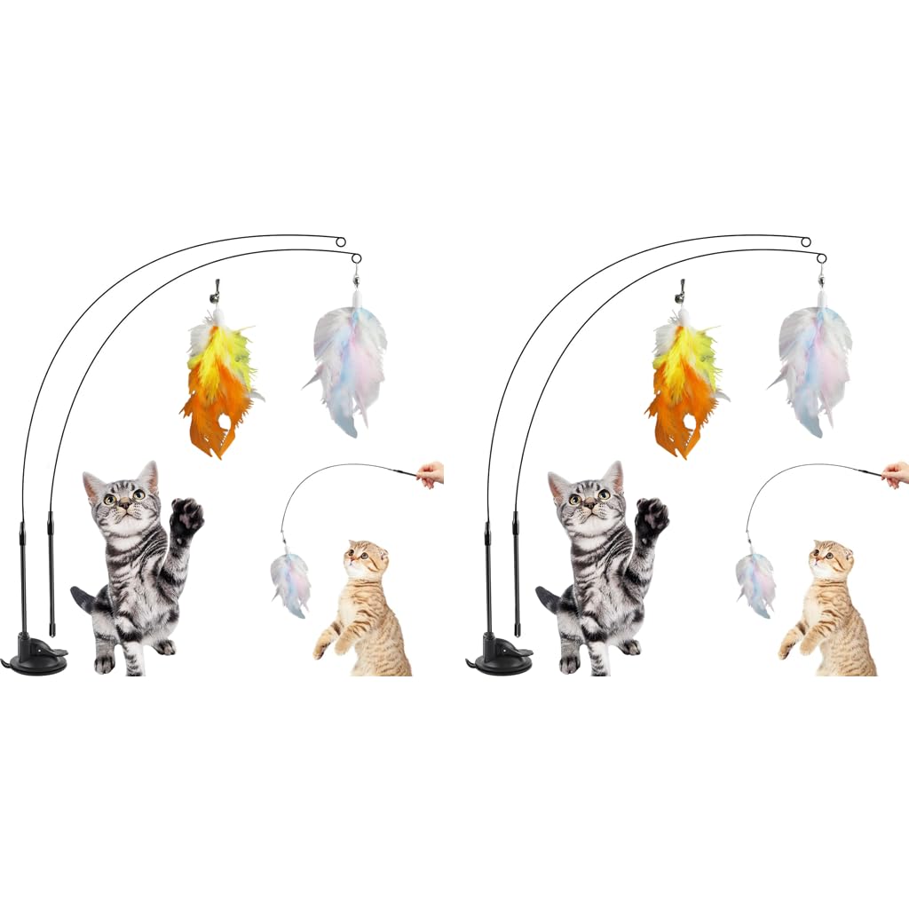 Qpets Cat Feather Toy for Interactive Play with Dual-Wire Wand and Suction Cup Base 2 PCS