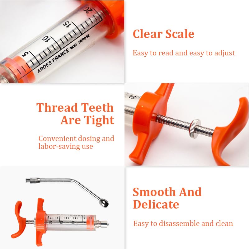 Qpets Veterinary Vaccine Syringe 20ml for Livestock with Steel Curved Nozzle & Clear Barrel