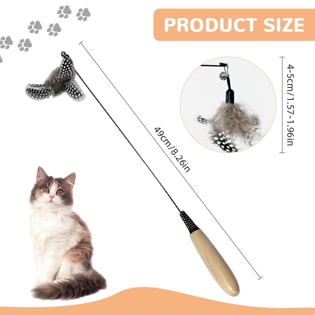 Qpets Cat Teaser Wand for Interactive Play with 0.8mm Fiberglass Rod and Beechwood Handle | Natural Feather Bell Toy