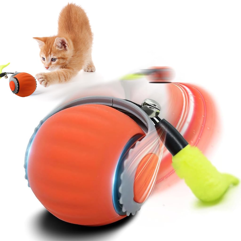 Qpets Electric Cat Toy Ball for Solo Play with 2 Speed Modes and Teasing Tail & Bell Charm