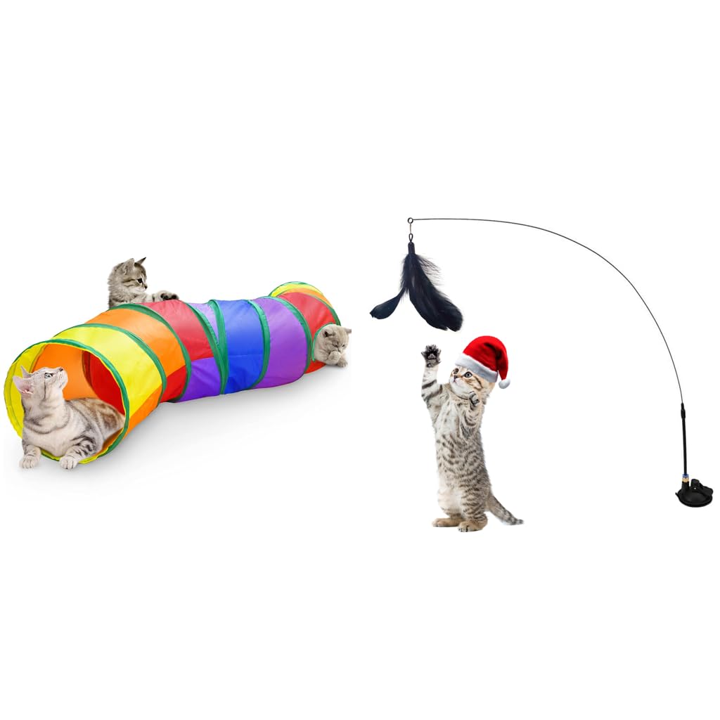 Qpets Cat Tunnel 2 Way Collapsible Play Tube with Feather Toy & Teaser Wand for Indoor Kittens