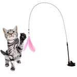 Qpets Cat Toys for Indoor Play with Suction Cup Base and Fiberglass Teaser Wand | Pink Feather Attachment