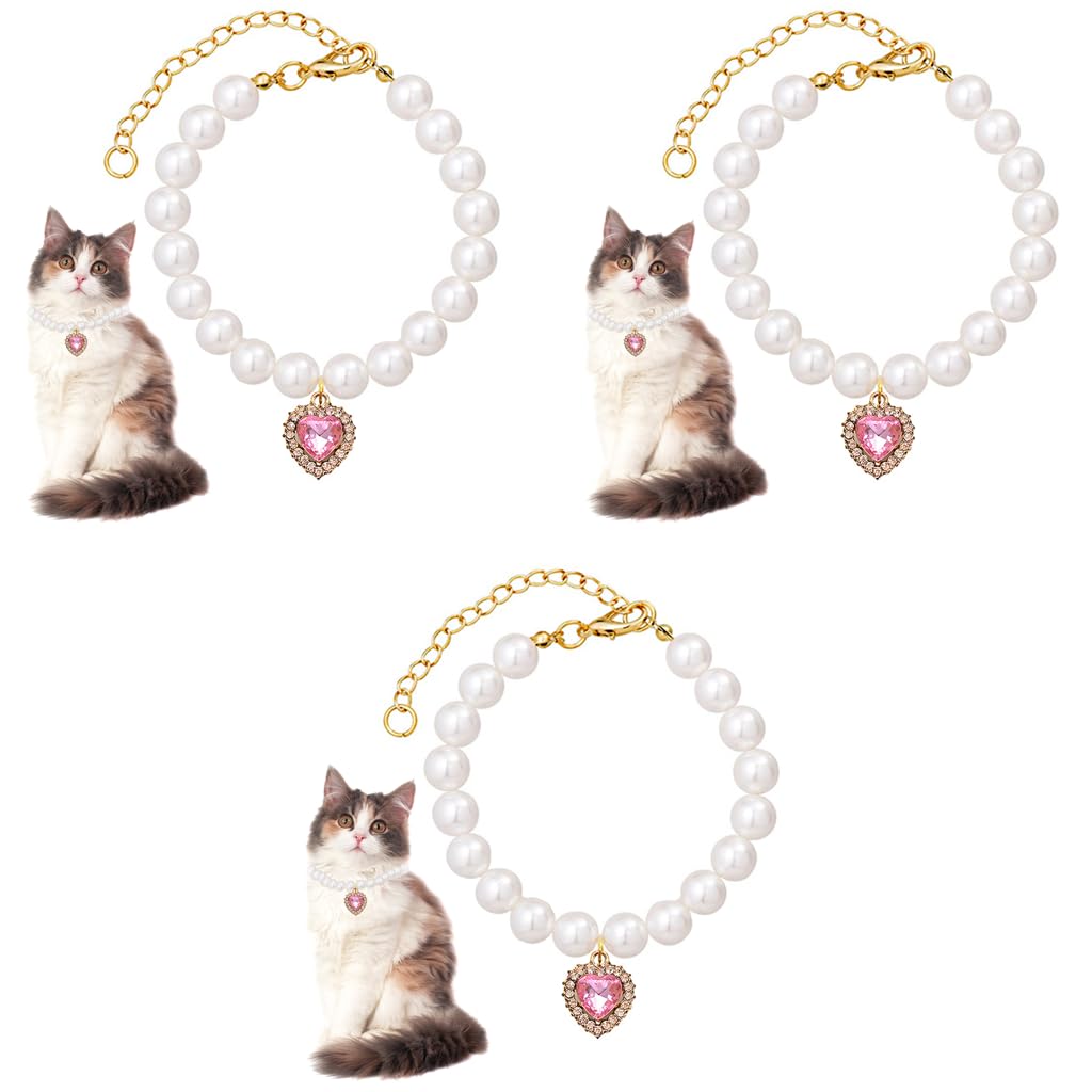 Qpets Jewelry Cat Collar for Photoshoots with Pink Rhinestone Heart Charm & Pearls | Adjustable 20–25 cm