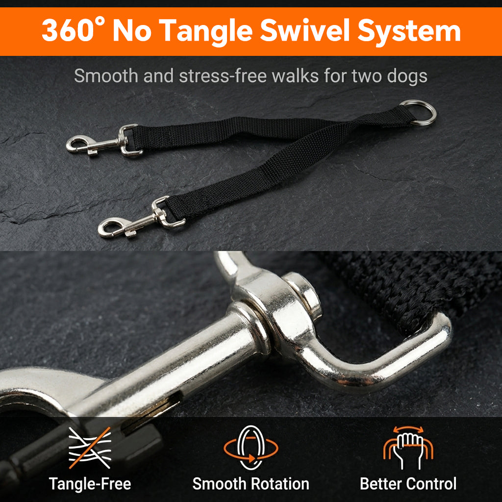Qpets Double Dog Leash Split Lead with No-Tangle Swivel, Adjustable Length and Reflective Stitching