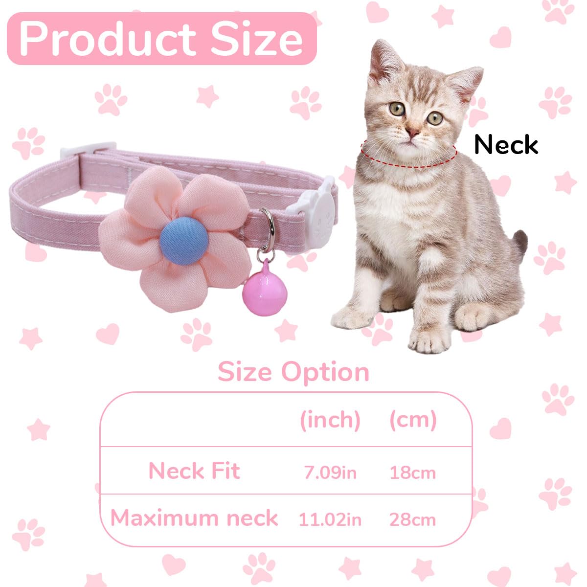 Qpets Cat Collar for Everyday Wear with Safety Buckle and Bell | Adjustable Pink Flower Design