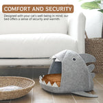 Qpets Cat Bed for All Season Comfort featuring Shark Mouth Design and Washable Cushion | Plush Felt Nest with Hanging Toy