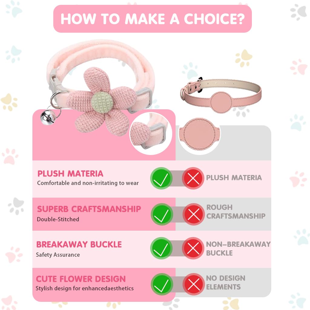 Qpets Cat Collar with Quick Release Buckle and Soft Adjustable Plush Material | Pink Beige Flower and Silver Bell for Cats