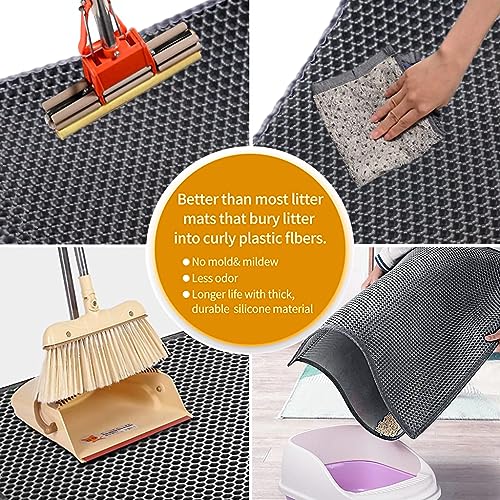Qpets® Cat Litter Mat Double-Layer Honeycomb Design, Open Edge, EVA Foam, Soft on Paws, Includes Metal Litter Scoop, Fits 3-10MM Clumping Clay Litter, Easy Clean Mat for Hooded & Self-Cleaning Boxes