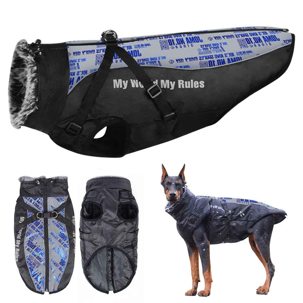 Qpets Dog Coat for Large Dogs with Dual D Ring Leash Attachment and Plush Collar | Waterproof Oxford Warm Jacket 58 cm Neck