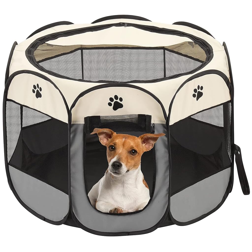 Qpets Foldable Pet Playpen for Cats and Dogs with Mesh Windows and Zipper Door 28.7x28.7x16.9 in