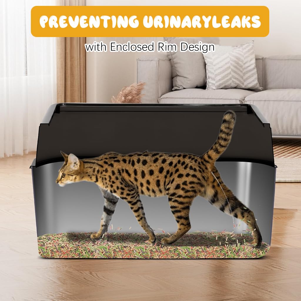 Qpets Stainless Steel Cat Litter Box for Large Cats 50x28x35cm with Elevated Anti‑Splash Guard | Easy to Clean