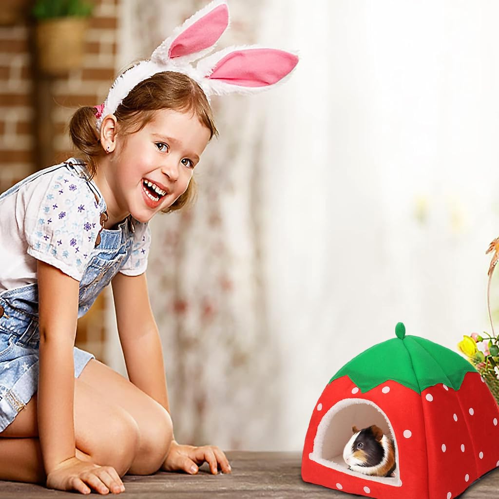 Winter Bed for Pets, Cute Strawberry Plush House, Hamster Cage with Roof for Small Pet, Hideout Place Hibernation, Plush House for Ferret, Chinchilla, Bunny, Guinea Pig Bed (Within 0.75 kg)