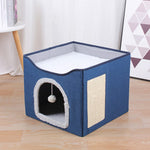 Qpets Cat House for All Seasons with Hanging Fluffy Ball and Scratch Pad, 16.5x16.5x14 in | Foldable Blue Cat Cave