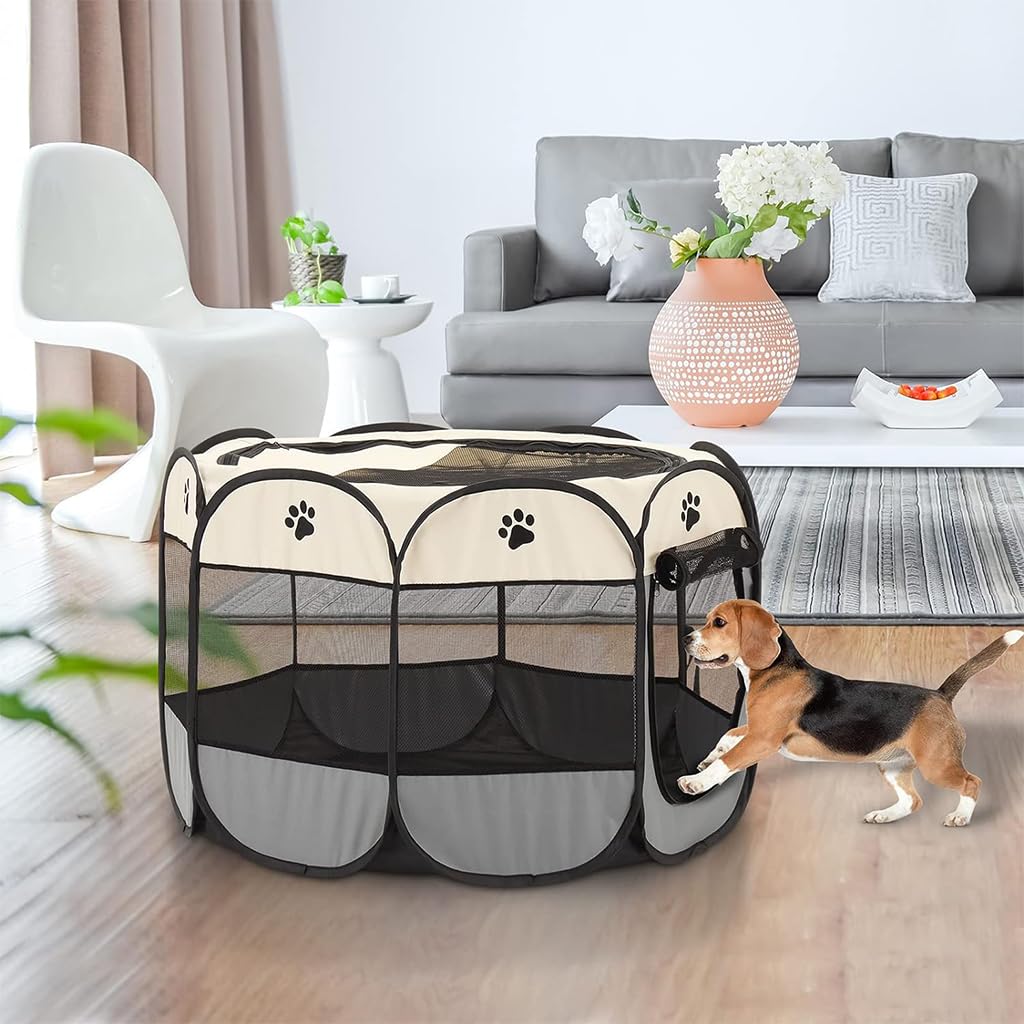 Qpets Foldable Pet Playpen for Cats and Dogs with Mesh Windows and Zipper Door 114×114×58cm