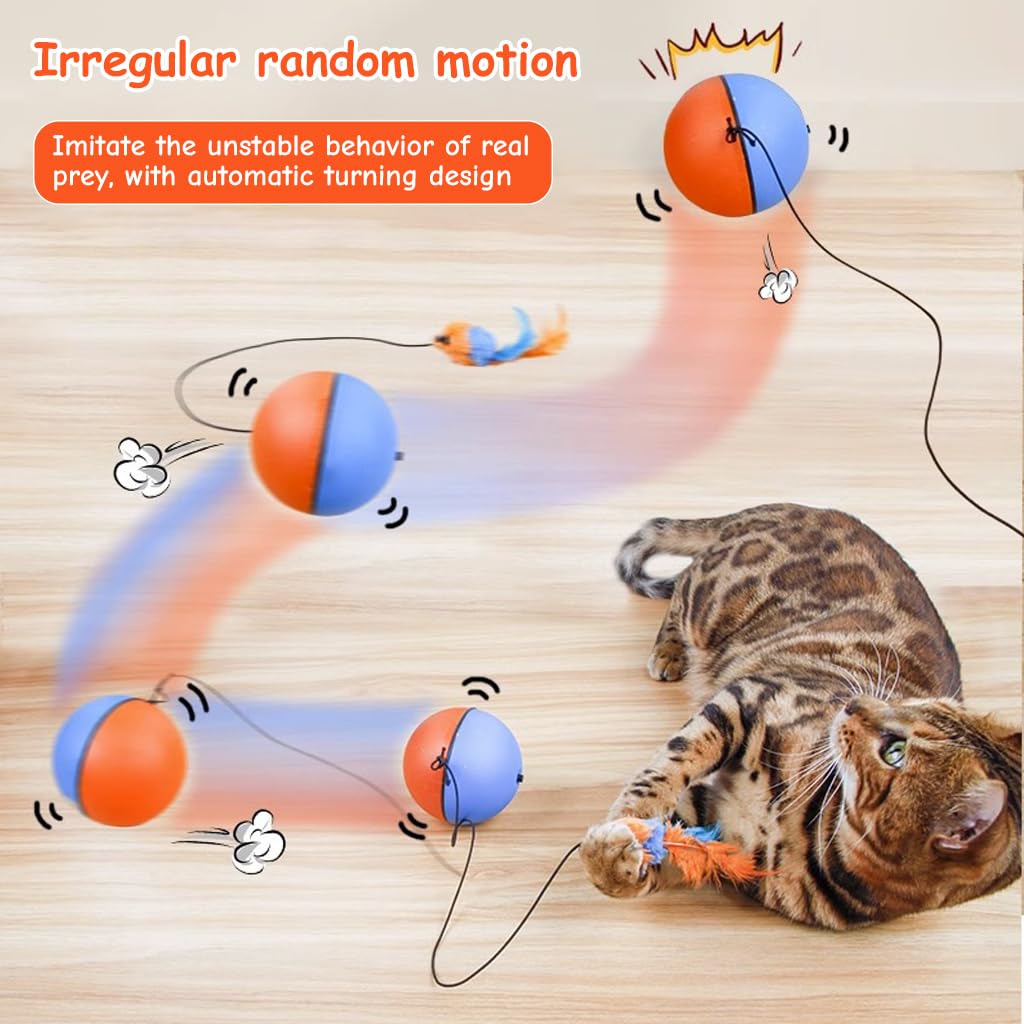 Cat Toy Electric, Cats Teasing Toy, Cat Ball Toy with Feather Tail, Chasing Game Toy, Random Turn Electric Toy, Indoor Self-Entertainment Cat Toy, Battery Powered(Battery not included)