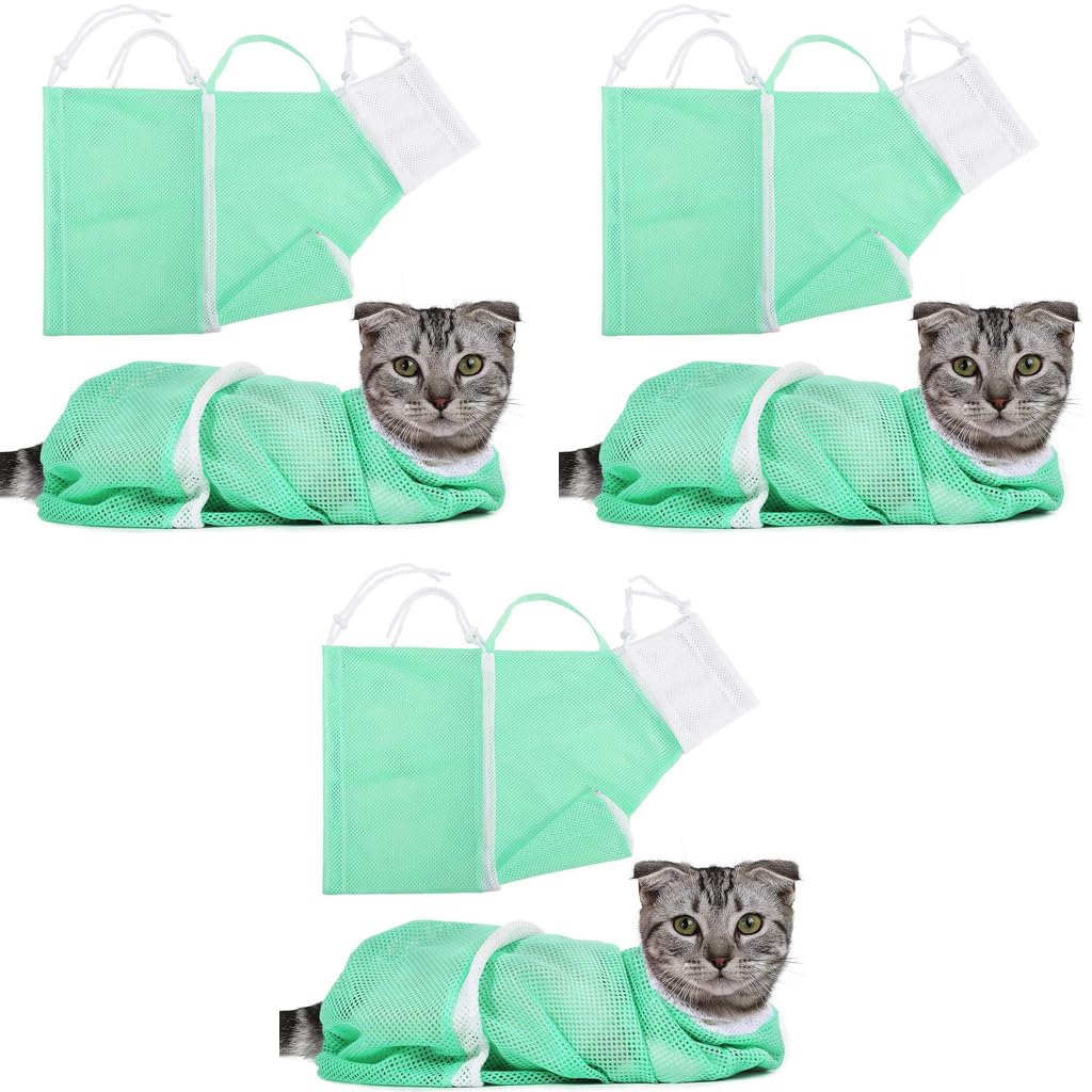 Qpets Cat Bathing Bag for Grooming and Medicine | 23×16×14 in Adjustable Mesh Green 3pcs