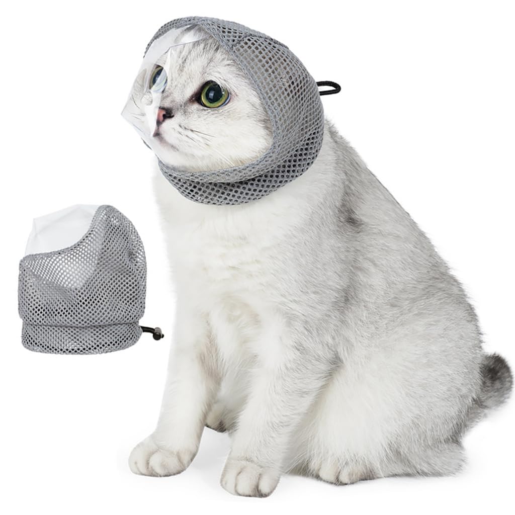 Qpets Cat Muzzle for Grooming and Bathing with Adjustable Drawstring and Mesh | Clear TPU Face Cover for Cats 1–4KG