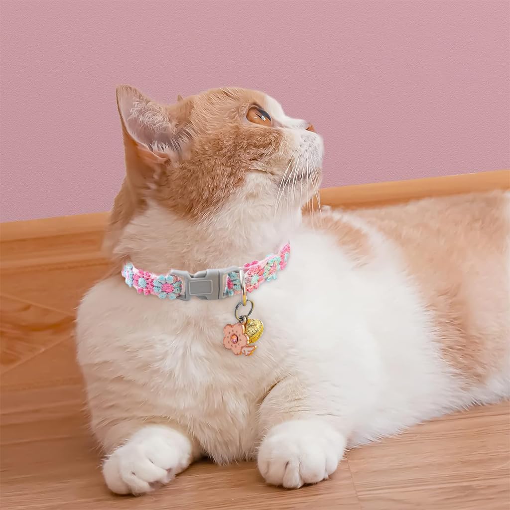Qpets Cat Collar with Bell and Quick Release featuring Floral Embroidery Charm Pink 2PCS
