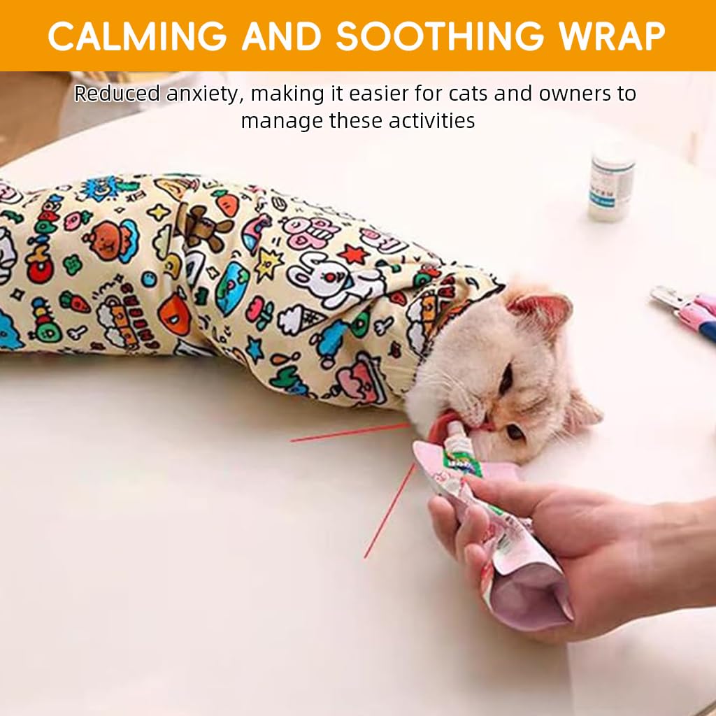 Qpets Cat Swaddle for Calming and Scratch Protection with Magic Snap Closure 45cmx45cm | Cute Cartoon Print