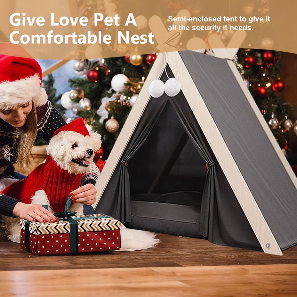 Qpets Dog House Cat Bed for Small Pets 23×21.6×24.8 in with Pine Poles and Cushion | Indoor Outdoor Use